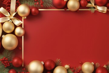 Christmas Card Decoration: Red and Gold Border on Festive Background with Copy Space and Blank Frame