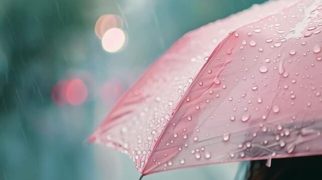 Close-up of person with pink umbrella covered in raindrops with blurred city lights in the background.