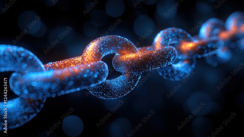 Poster a close-up view of a glowing chain link, emphasizing technology and connectivity.