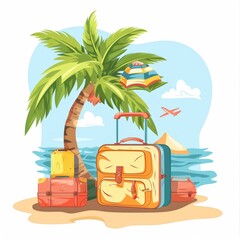 A cartoon of a suitcase and a palm tree on a beach