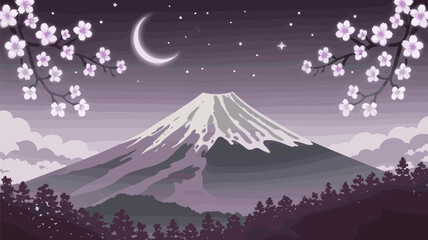 Mount Fuji at Night with Cherry Blossoms