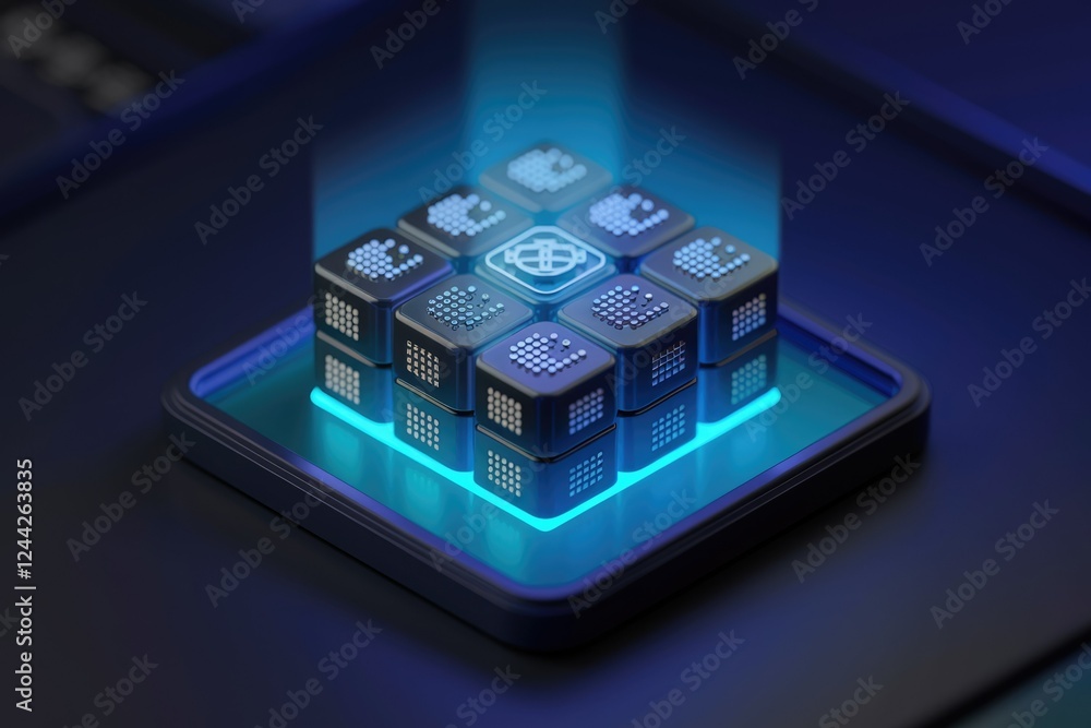 Aufkleber Glowing cube of interconnected data blocks representing a secure and interconnected digital network.