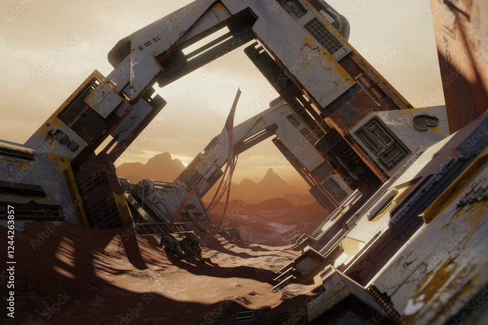 Poster ruins of a futuristic spaceship lie scattered across a desolate, red planet under a setting sun.