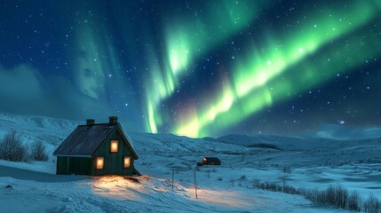 Northern Lights Dance Over Snowy Landscape and Cozy Cabin