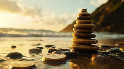 Obraz premium A serene beach scene with stacked stones and coins reflecting tranquility and balance.