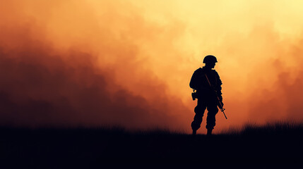 A lonely soldier stands silhouetted against a smoky horizon, head down, holding a rifle, with minimalist colors and soft light emphasizing a reflective and somber mood