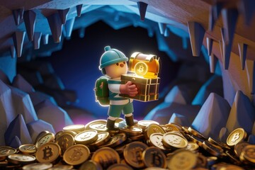 A cute miner found a treasure chest full of Bitcoins in a crypto mine.