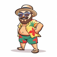 Fototapeta premium A cartoon man wearing a Hawaiian shirt and shorts is smiling
