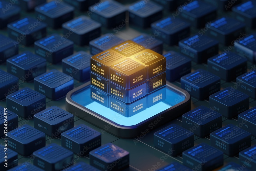 Leinwandbilder A glowing cube of data sits atop a field of smaller data cubes, symbolizing advanced computing or data storage.