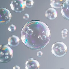 Soap bubbles with reflection on a gray background. Vector illustration.