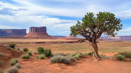 Awe-inspiring Desert Landscape with a Majestic Tree, Stunning Red Rock Formations, and a Breathtaking View