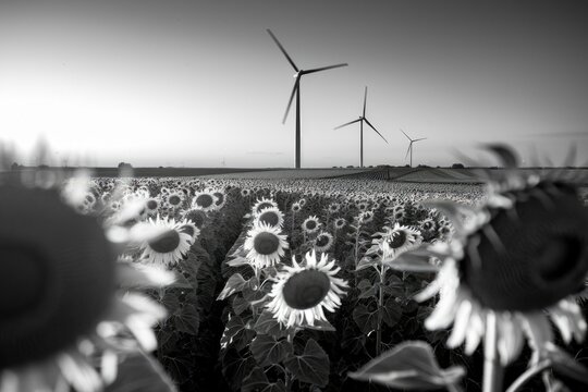 Sunflowers in a field with wind turbines in the background, a serene black and white landscape.