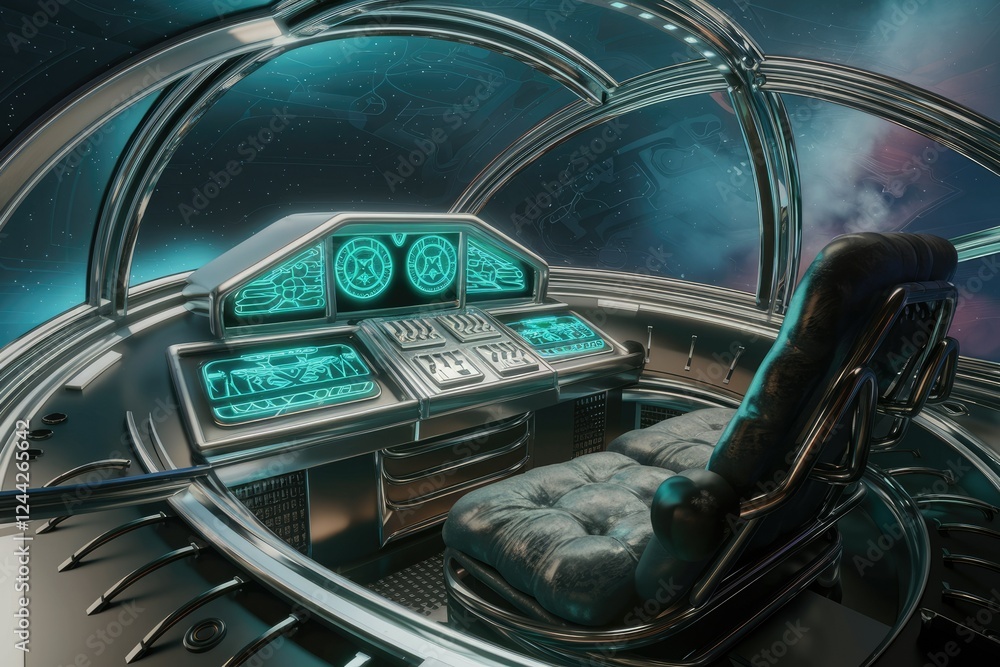 Poster futuristic spaceship cockpit with advanced technology and a comfortable leather seat, offering a bre