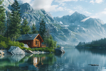 Fototapeta premium A serene lakeside cabin surrounded by majestic mountains and lush greenery.