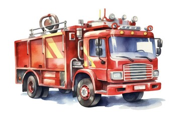 Colorful Fire Engine Cartoon Set for Children. Hand Drawn Watercolor Illustrations with Cute Baby Animals, Axe, Bucket and Boy on White Background. Perfect Clip Art Collection for Kids