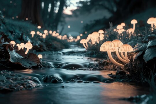 Glowing mushrooms illuminate a mystical forest stream at twilight, creating an enchanting scene.