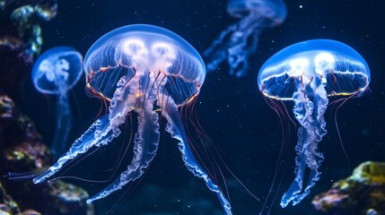Ethereal Jellyfish with Glowing Tentacles in Underwater Scene