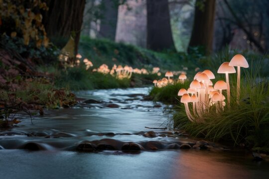 Glowing mushrooms illuminate a tranquil forest stream at dusk, creating a magical scene.