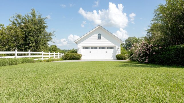 White garage, green lawn, rural setting, sunny day, real estate