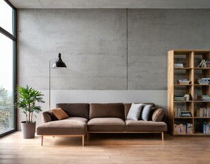 Minimalist lounge with sofa and modern bookcase on  wall
