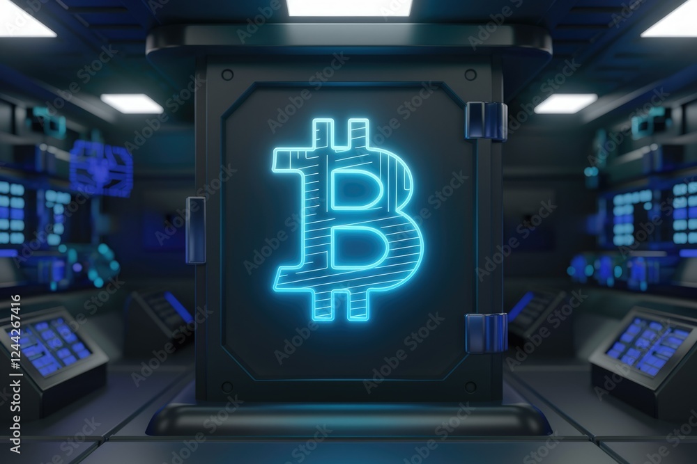 Poster glowing bitcoin symbol displayed on a futuristic server in a dark room.