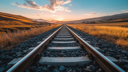 Fototapeta premium A serene railway track stretches into the sunset, surrounded by golden fields.