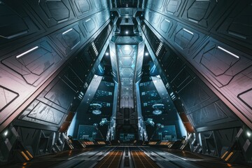 Futuristic spaceship interior, symmetrical design, metallic walls, glowing screens displaying technological data.