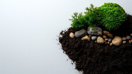 Vibrant Green Moss and Dark Soil with Rocks on Grey Background
