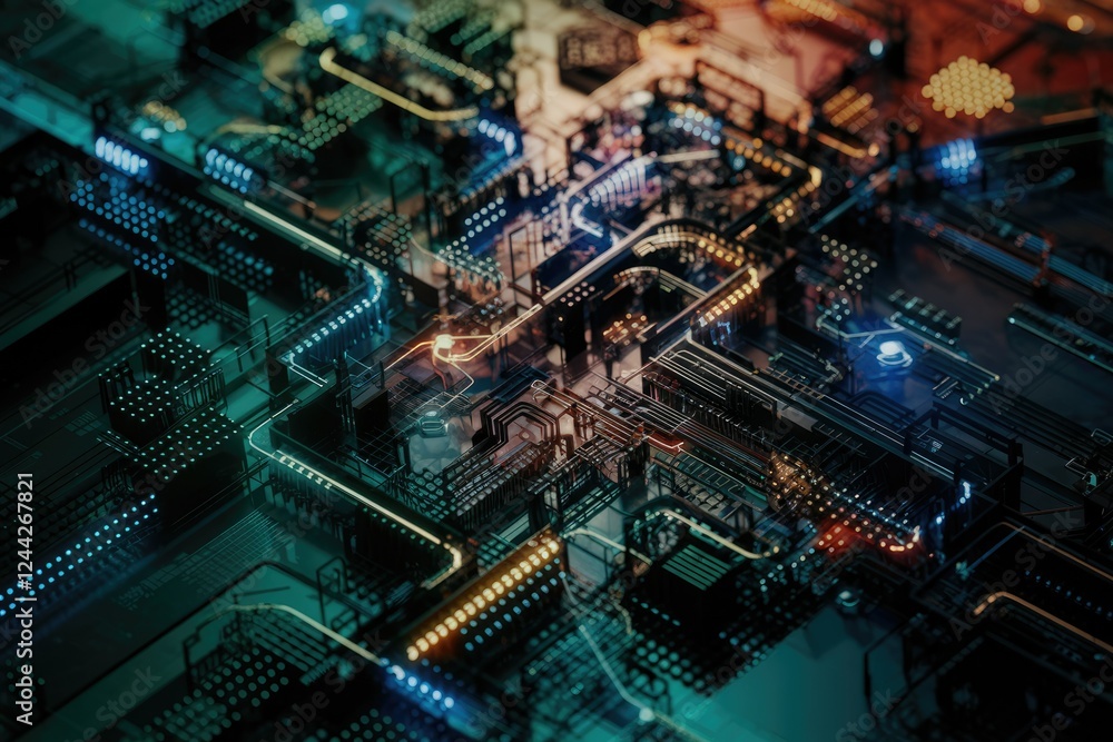 Poster abstract digital circuit board with glowing connections, showcasing complex technological network.