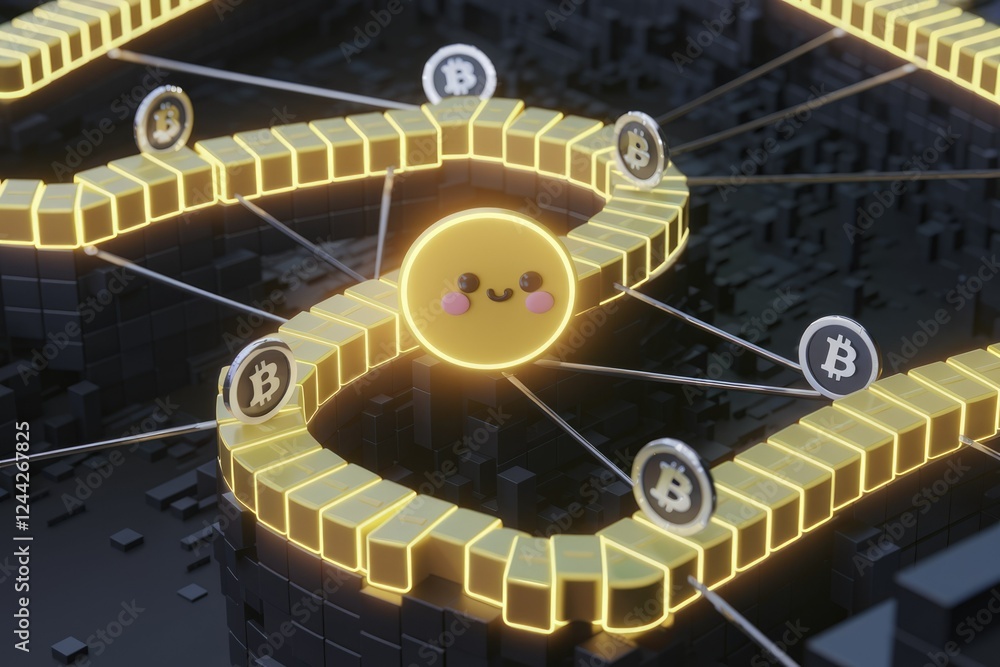 Poster a happy face at the center of a glowing bitcoin network, symbolizing cryptocurrency's interconnected