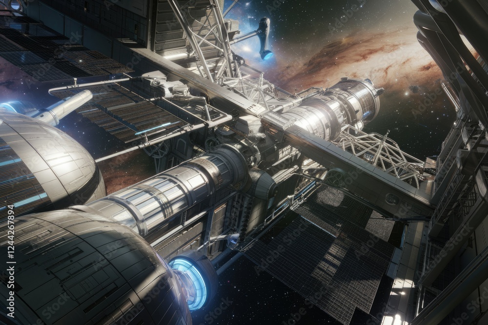 Poster a futuristic space station orbits a nebula, showcasing intricate engineering and docking mechanisms.