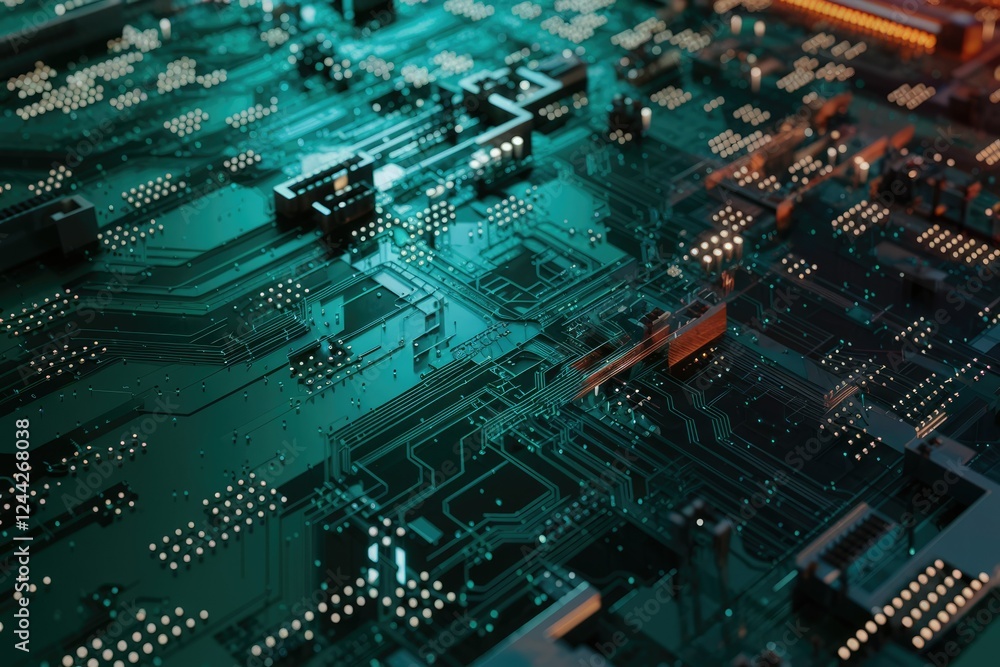 Poster Close-up view of a complex circuit board, showcasing intricate electronic components and pathways.