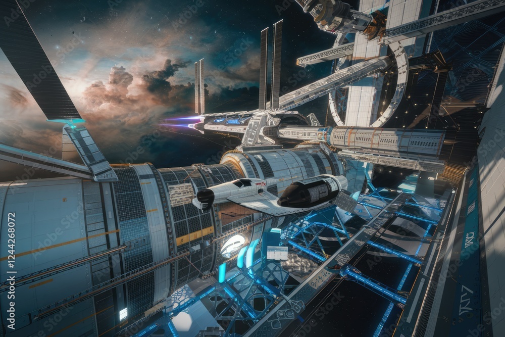 Poster a spacecraft docks at a futuristic space station orbiting a nebula, showcasing advanced technology a