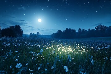A serene countryside meadow with wildflowers glowing softly under the moonlight and stars.