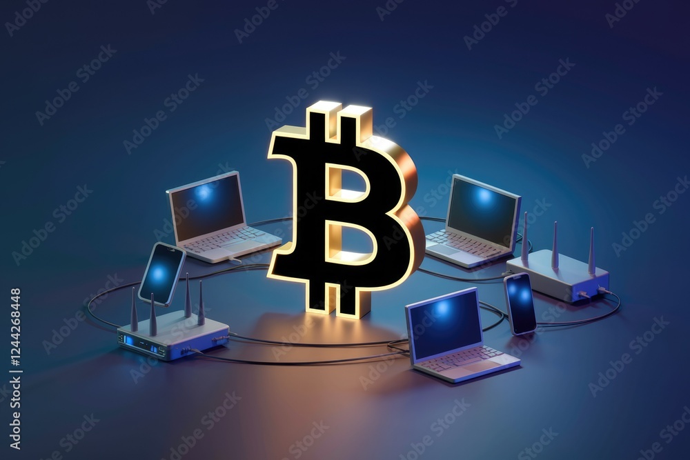 Aufkleber bitcoin network visualized with glowing symbol surrounded by connected devices like laptops, smartph