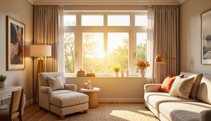 Fototapeta premium Warm sunlight illuminating cozy living room with soft furnishings, comfort