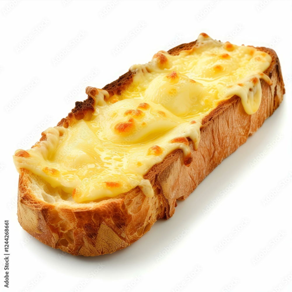 Poster close up of appetizing slice of bread with bubbling melted cheese, creating a simple yet satisfying 