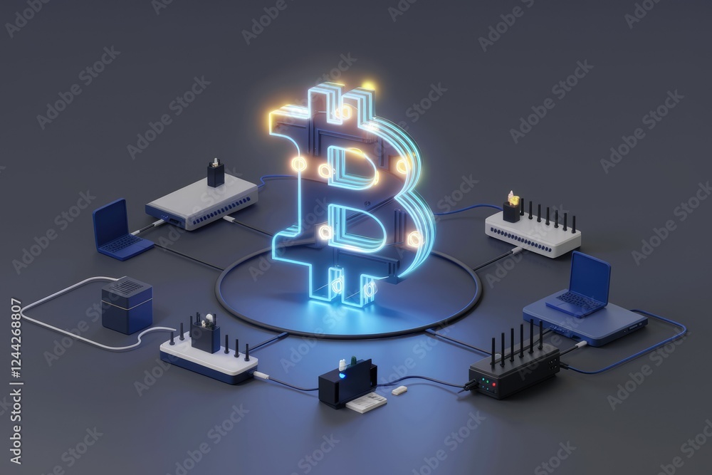 Poster Neon Bitcoin symbol connected to network devices symbolizing decentralized cryptocurrency technology.