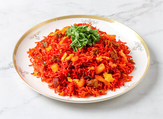 Spicy Sichuan Dan Dan Noodles served in plate isolated on marble background side view of singapore food