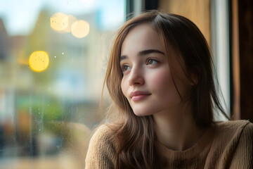 Obraz premium Portrait of a young woman with long brown hair gazing thoughtfully out of a café window on a rainy day
