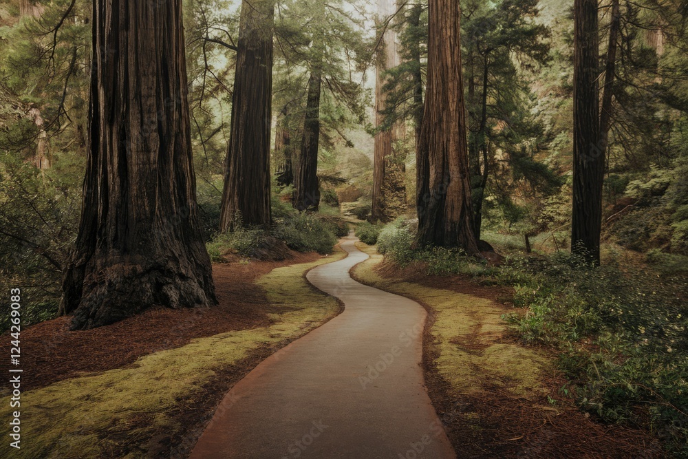 Poster A winding path through a serene redwood forest, bathed in soft, dappled light.