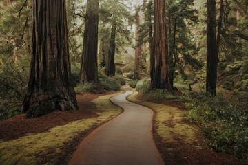 Fototapeta premium A winding path through a serene redwood forest, bathed in soft, dappled light.