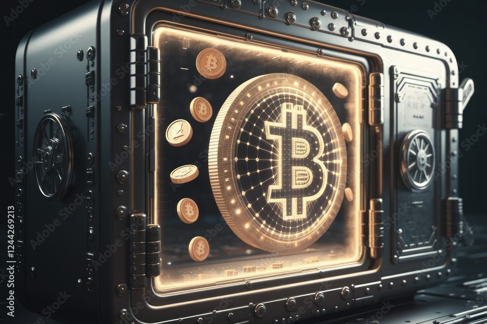 Poster a glowing bitcoin inside a secure vault symbolizes cryptocurrency's safety and value.