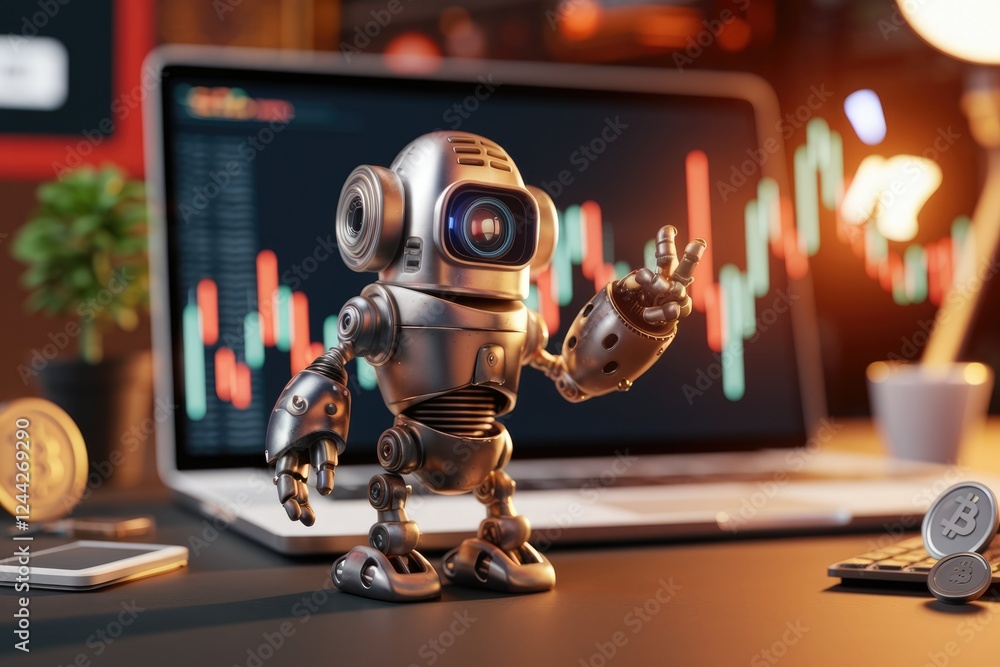 Poster a metallic robot stands near a laptop displaying stock market charts, symbolizing ai in finance.