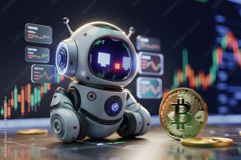 Poster a cute robot analyzes cryptocurrency market data displayed on a screen, showing bitcoin alongside ch