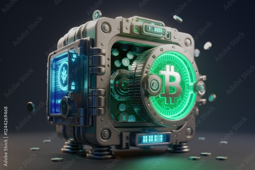 Poster futuristic safe with glowing bitcoin symbol, representing secure cryptocurrency storage.