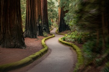 Winding path through a redwood forest, moss-covered stone walls lining the way.