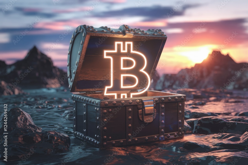 Aufkleber a glowing bitcoin symbol inside an open treasure chest, symbolizing cryptocurrency's value and poten