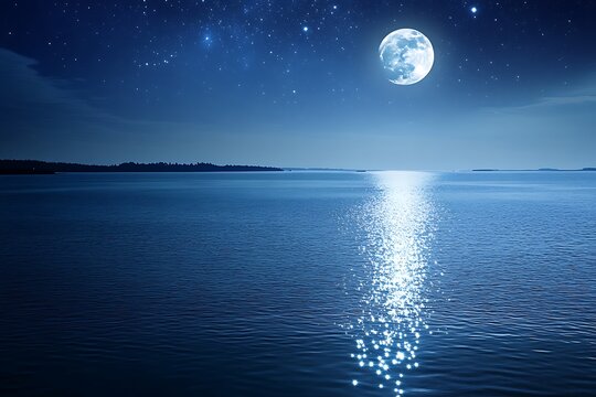 A serene estuary at night with moonlight sparkling on calm waters under a vivid starry sky.