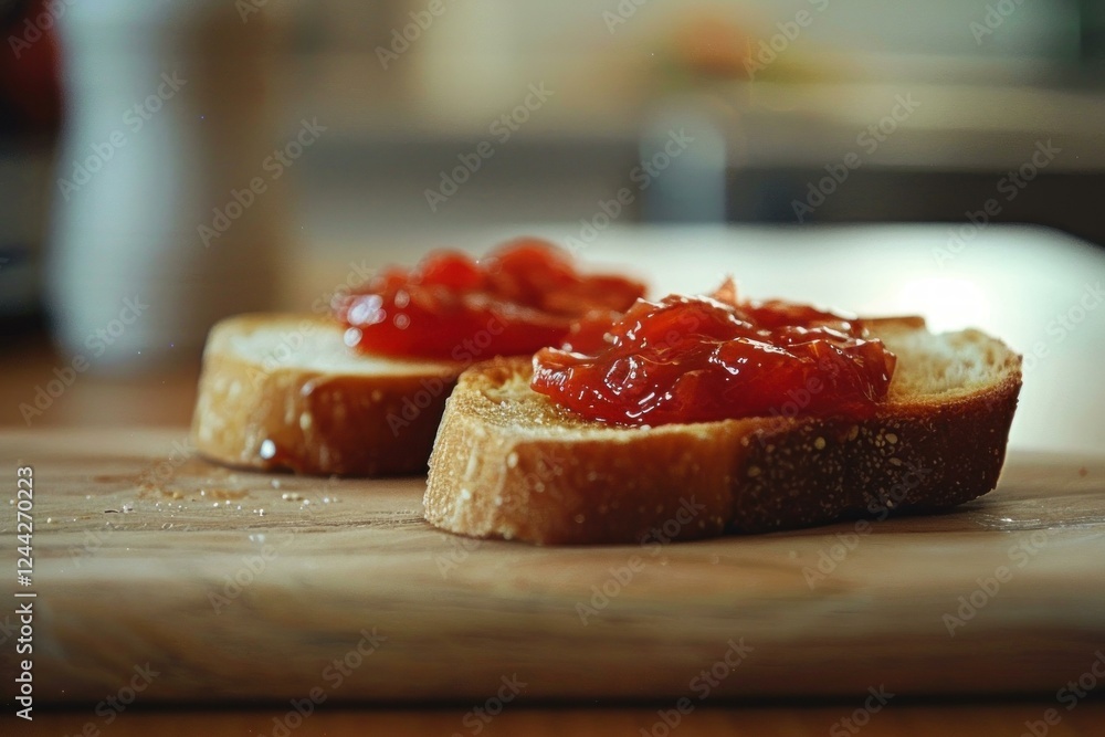 Poster delicious tomato jam spread on two slices of toasted bread, creating a simple yet appetizing snack o